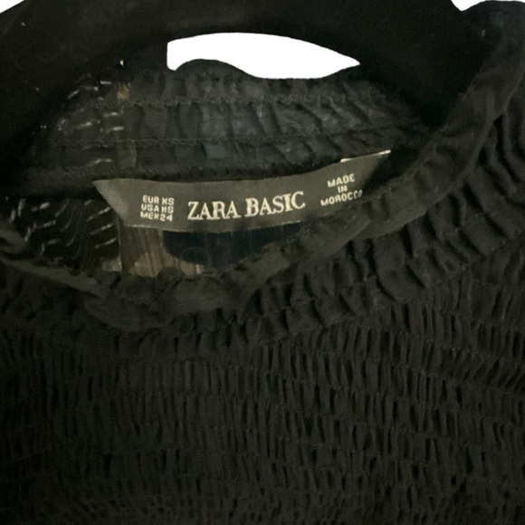 Zara Black Sheer Smocked High Neck Smocked Front Panel Ruched Sleeve Dress - Picture 11 of 14
